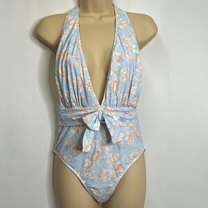 We Wore What Brooklyn light floral deep plunge halter low back one piece bikini
